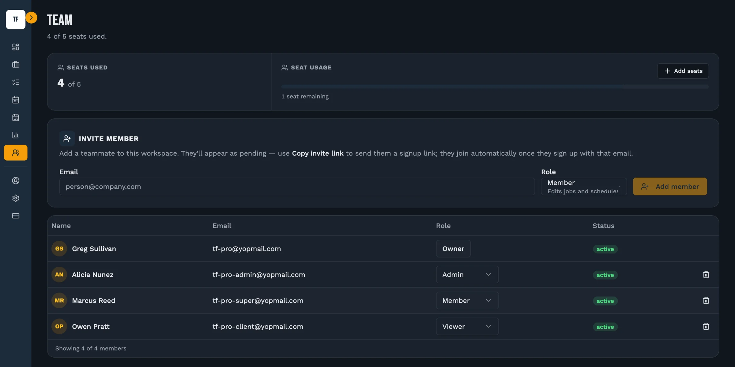 The Team page: four of five seats used, an invite form taking an email address and a role, and a table of members showing each person's name, email, role — owner, admin, member and viewer — and their active status.